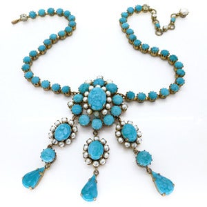 Image of Vintage Ornate Gold Tone Turquoise Cabochon Faux Pearl Ornate Drop Necklace