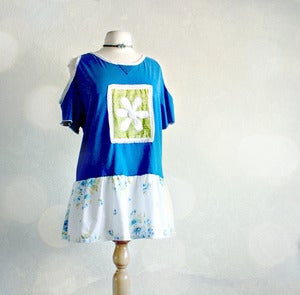 Image of Blue Plus Size Women's Shirt 1X Eco Friendly Lime Green Daisy Cut Out Shoulders Boho Chic Top