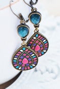 Image of Multi Color Drop with Teal Teardrop and Antiqued Brass Finish - Boho Chandelier Earrings