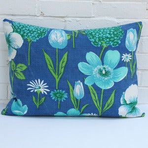 Image of Large Rectangular Cushion in Vintage Blue Barkcloth