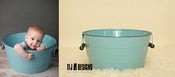 Image of Robin's Egg Blue Aqua Metal Tub - Wooden Handles - Newborn Child Prop