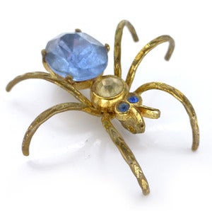 Image of Vintage Art Deco Blue & White Glass Metal Spider Pin Brooch