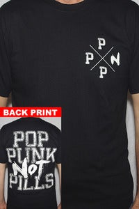 Image of !!NEW!!  "POP PUNK NOT PILLS" Back Print + Crest T-shirt (White on Black)