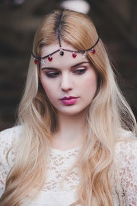 Image of Chain Head Piece Chain Headdress Goddess Triple Stranded Black and Red Swarovski Heart Crystal