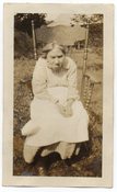 Image of GRUMPY OLD WOMAN IN CHAIR OUTSIDE VINTAGE SNAPSHOT