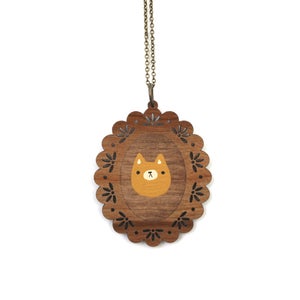 Image of Mustard Cat - Wooden Pendant Necklace - Ready to Ship