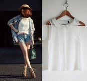 Image of white sheer blouse with mint peter pan collar S