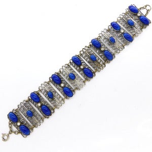 Image of Vintage Art Deco Czech Lapis Blue Glass Paste Ornate Floral Link Bracelet