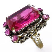 Image of Vintage Art Deco Czech Pink Glass Ornate Metal Filigree Ring