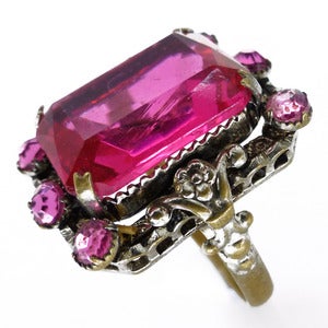 Image of Vintage Art Deco Czech Pink Glass Ornate Metal Filigree Ring
