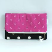 Image of foldover clutch - black with orchid anchors