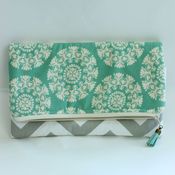 Image of foldover clutch - grey chevron with aqua medallions