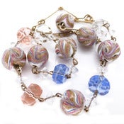 Vintage Venetian Pink, White & Blue Aventurine Feather Glass Bead Necklace