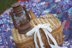 Image of Vintage Quilt, Child Size Picnic Basket and Lantern Trio
