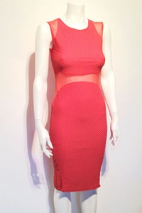 Image of textured jersey mesh inserts body con midi dress