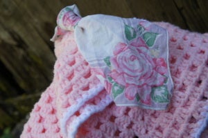 Image of Hand Made Delicate Pink Afghan with Antique Rose Handkerchief