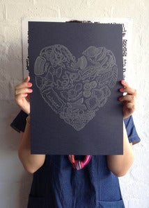 Image of Navy/Metallic Silver Pasta Heart Letterpress Print