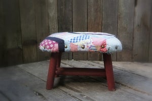 Image of Hand Stitched Antique Quilt Covered Vintage Red legged Stool