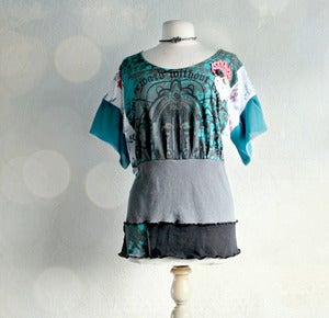 Image of Women's Boho Shirt Plus Size Upcycled Top Teal Blue Ladies Gray Tunic Eco Friendly XL 1X