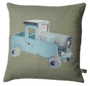 Image of Handmade cushion on natural linen and cotton – Blue Vintage Truck