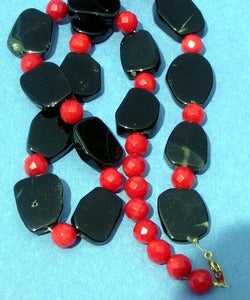 Image of Asynmetrical Onyx Slice and Coral Necklace