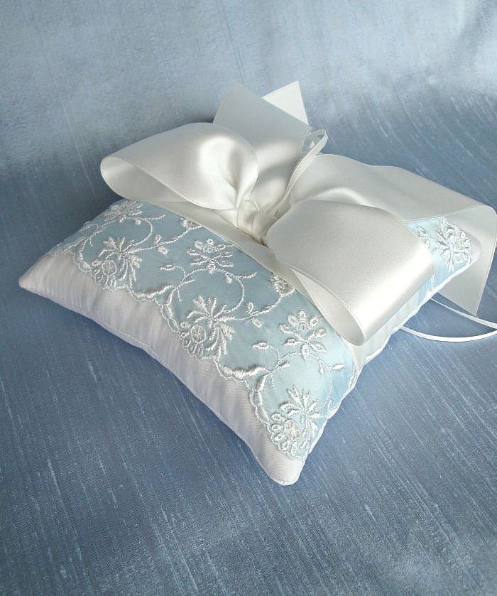 Image of Blue and White Vintage Trim Silk Ring Bearer Pillow