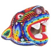 Image of Huichol Indian Beaded Jaguar Head With Yellow Deer Heads - Size 14 Beads