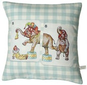 Image of Handmade cushion on natural linen an cotton – tops and tails in the circus