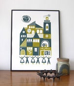 Image of sardana screenprint in teal and olive