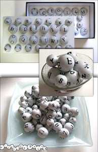 Image of 52 vintage-style porcelain Alphabet Balls: 1.25" + 1.5"