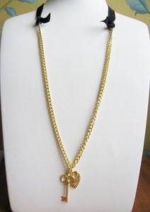 Image of Heart & Key Velvet Ribbon + Chain Necklace - Gold Vermeil