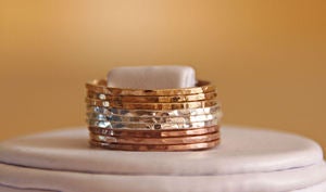 Image of TRI COLOR: 14k rose gold filled, yellow gold filled and sterling silver hammered stackable rings