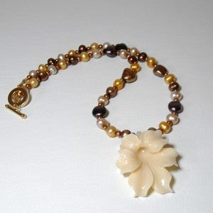Image of Handmade Beaded Necklace -Coral Pendant and Pearls