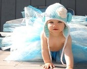 Image of Cotton Mini Monkey Flap Hat- Robins Egg Blue with Eggshell Trim and Flower