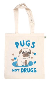 Image of Gemma Correll Pugs Not Drugs Tote - White and Blue