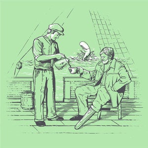 Image of Ahab Enjoys Starbuck's Coffee While Moby Plays In The Background