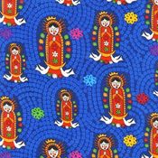 Image of FF Folk Art Our Lady of Guadalupe Cotton Quilt Fabric Mexico Blue