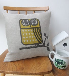 Image of owl cushion in yellow