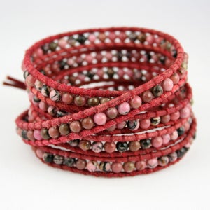 Image of Rhodonite 5 time wrap with sterling silver closure.