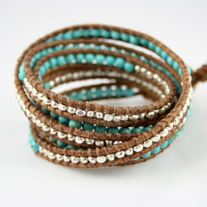 Image of New. Faceted Nuggets Sterling Silver Turquoise Five Time Leather Wrap Bracelet.