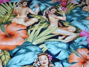 Image of Sexy Hawaii Pin Up Hula Girl Cotton Fabric Quilt Fabric TWO COLORWAYS AVAILABLE