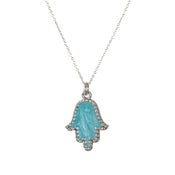 Image of Enamel Hamsa Necklace-Silver/Turquoise