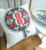 Image of pomegranate tree cushion in red on white linen