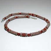 Image of Mens Handmade Beaded Fossil Stone and Jasper Tube Necklace