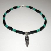 Image of Mens Handmade Beaded Necklace - Pewter Pendant With Blackstone Beads