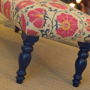 Image of Long Stool - Zarafshan cyclamen/blue with Oxford Blue painted legs