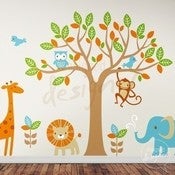 Image of Vinyl Wall Decal Safari Playland - Elephant, Giraffe, Owl, Monkey, Lion 