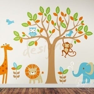 Image of Vinyl Wall Decal Safari Playland - Elephant, Giraffe, Owl, Monkey, Lion