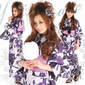 Image of Royal Purple Peony Japanese Kimono Pre-tied Obi Geta Sandals Set
