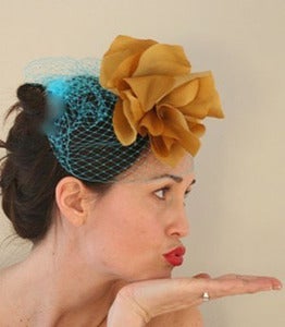 Image of Josephine - Turquoise Birdcage Veil paired with Golden Silk Flower